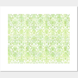 Light Green White Damask Watercolor Pattern Posters and Art